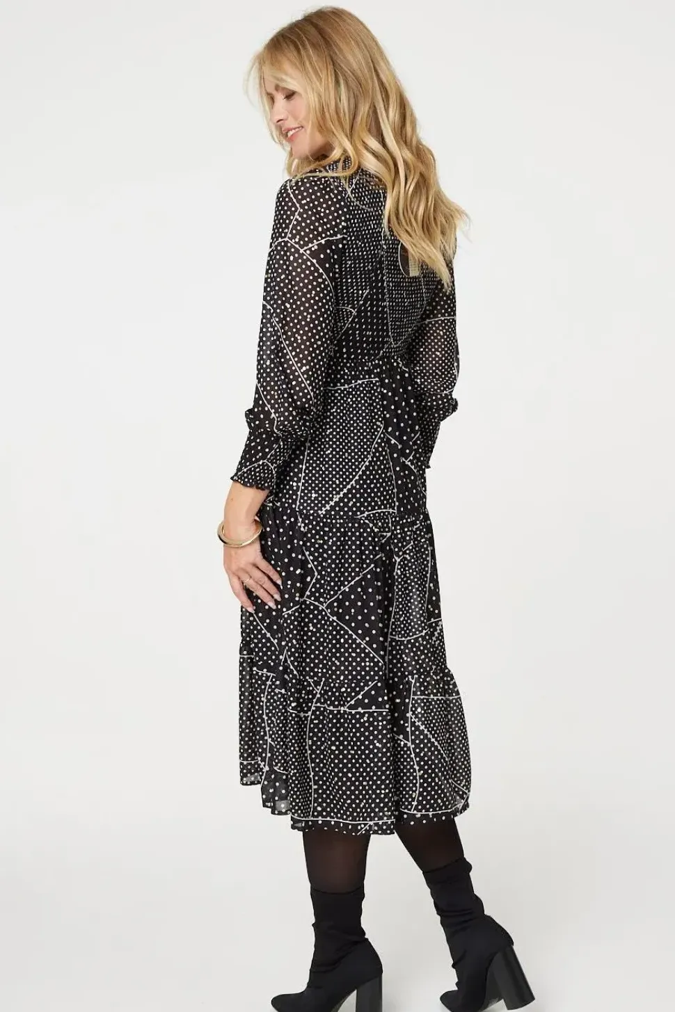 Polka Dot Print Puff Sleeve Midi Dress