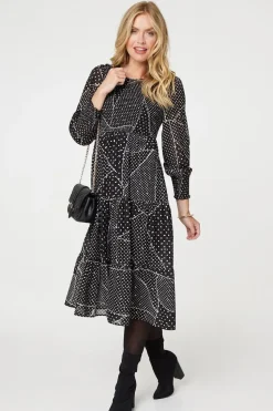 Polka Dot Print Puff Sleeve Midi Dress