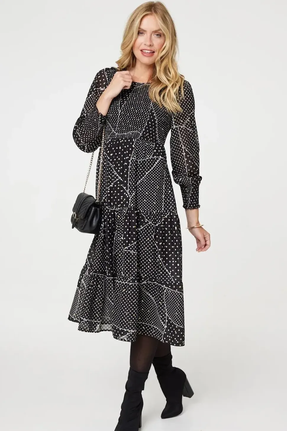 Polka Dot Print Puff Sleeve Midi Dress
