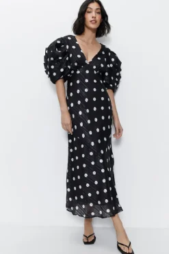 Polka Dot Print Puff Sleeve V Neck Dress