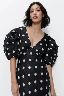 Polka Dot Print Puff Sleeve V Neck Dress