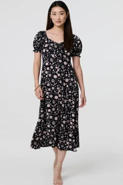 Polka Dot Print Tie Neck Midi Dress