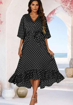 Polka Dot Print Wrap Top Kimono Sleeve Maxi Dress In Black