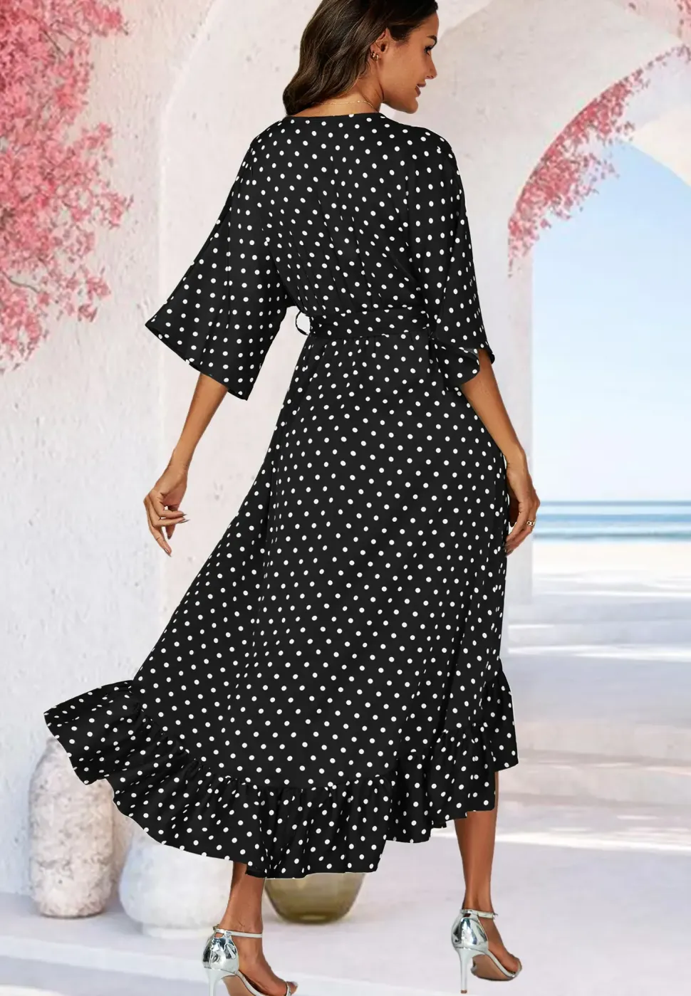 Polka Dot Print Wrap Top Kimono Sleeve Maxi Dress In Black