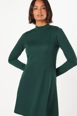Ponte High Neck Button Mini Dress