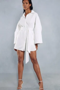 Poplin Extreme Kimono Sleeve Belted Mini Shirt Dress
