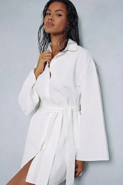 Poplin Extreme Kimono Sleeve Belted Mini Shirt Dress