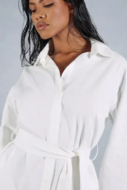 Poplin Extreme Kimono Sleeve Belted Mini Shirt Dress