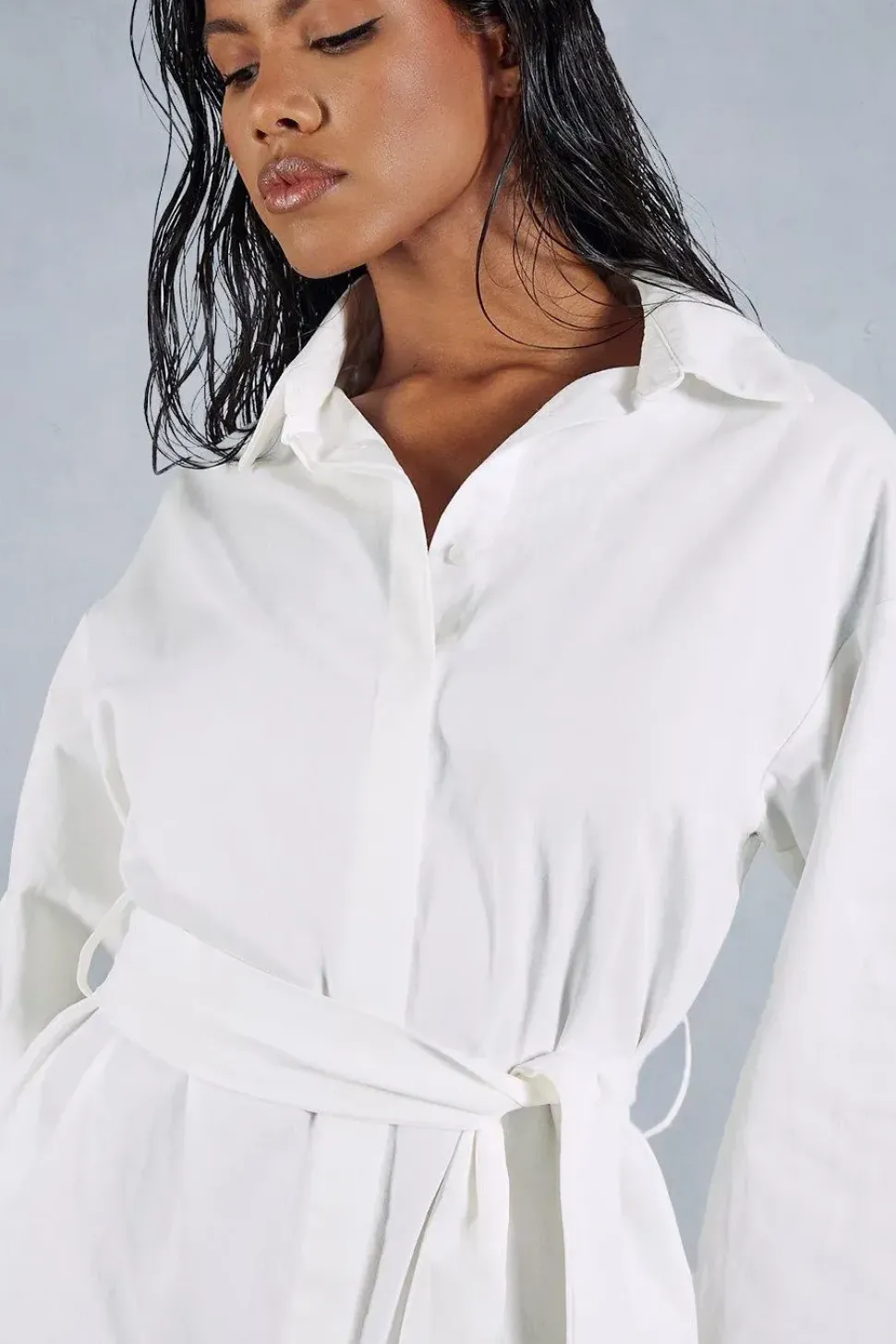Poplin Extreme Kimono Sleeve Belted Mini Shirt Dress