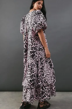Poplin Leopard Print Volume Sleeve Scallop Detail Smock Dress
