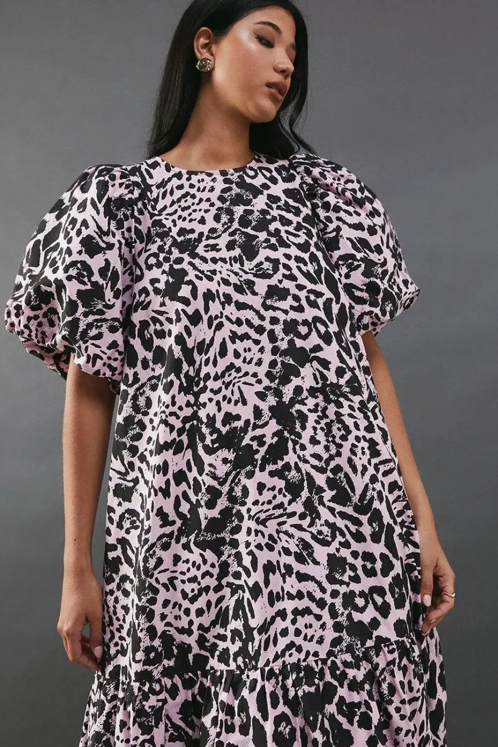 Poplin Leopard Print Volume Sleeve Scallop Detail Smock Dress