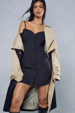 Poplin Off The Shoulder Button Through Shirt Dress