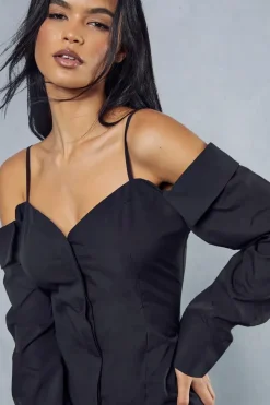 Poplin Off The Shoulder Button Through Shirt Dress