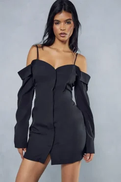 Poplin Off The Shoulder Button Through Shirt Dress
