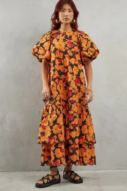 Poplin Orange Floral Print Volume Sleeve Scallop Detail Smock Dress