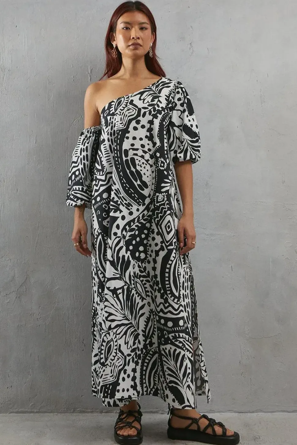 Poplin Print One Shoulder Midi Dress