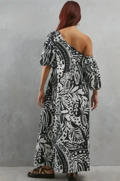Poplin Print One Shoulder Midi Dress