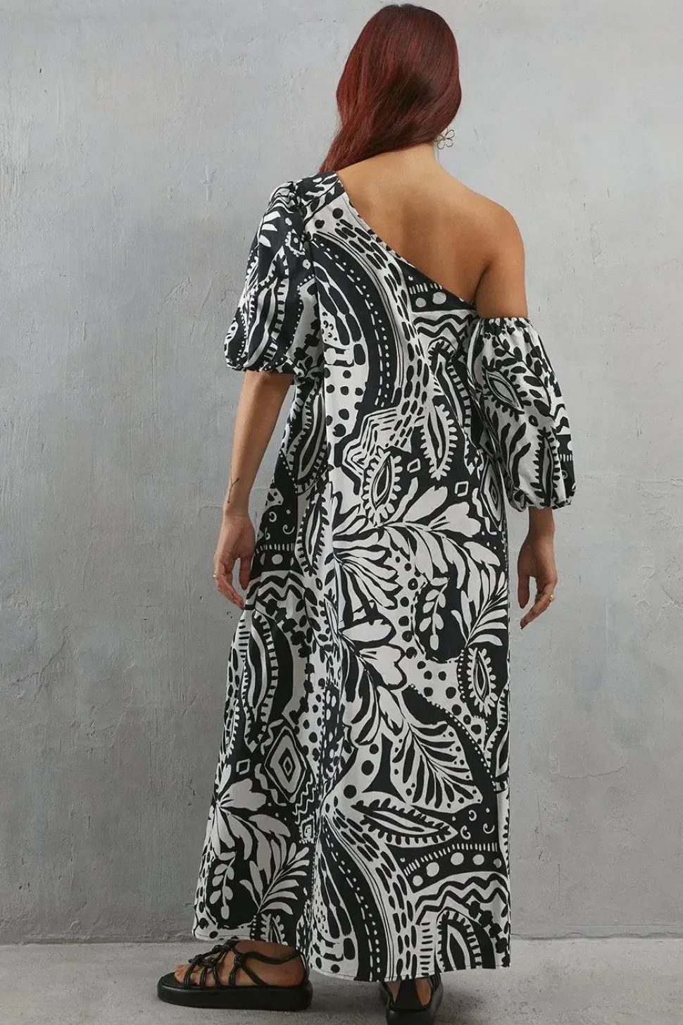 Poplin Print One Shoulder Midi Dress