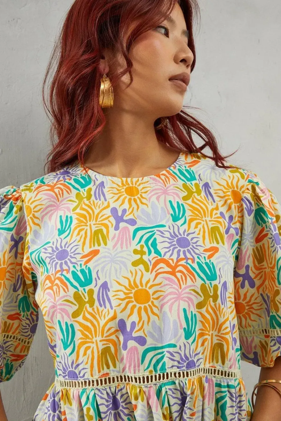 Poplin Print Tie Neck Ladder Insert Smock Midi Dress