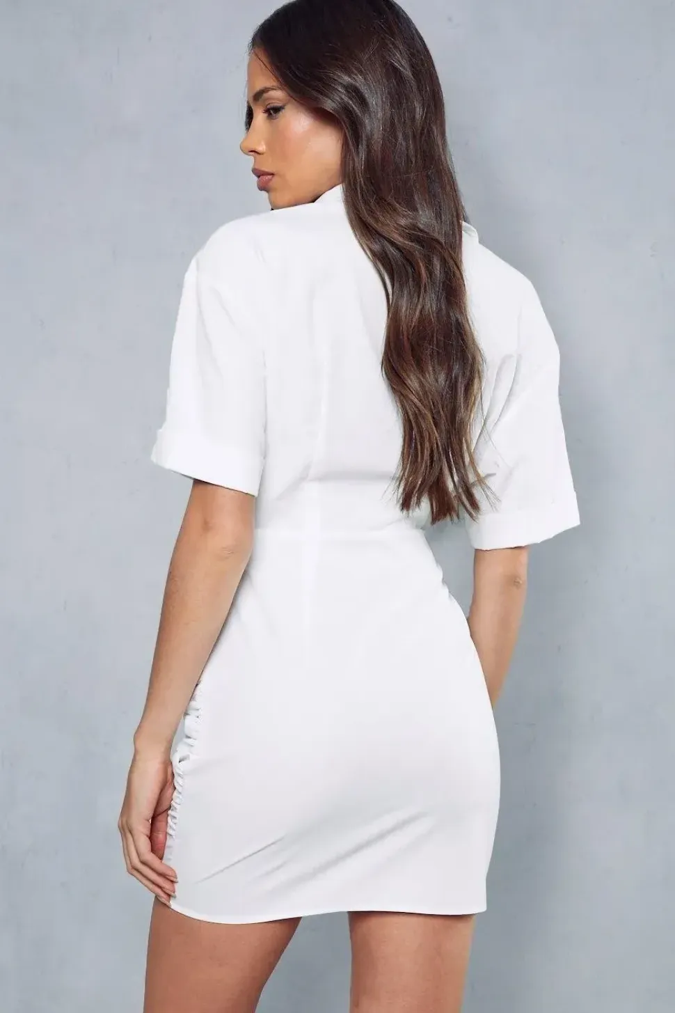 Poplin Short Sleeve Ruched Mini Shirt Dress
