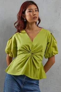 Poplin Twist Front Volume Sleeve Blouse