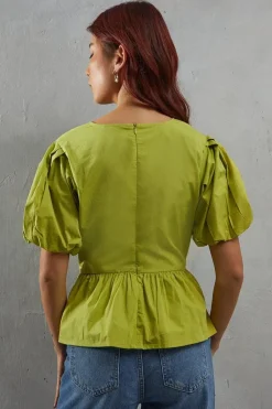 Poplin Twist Front Volume Sleeve Blouse