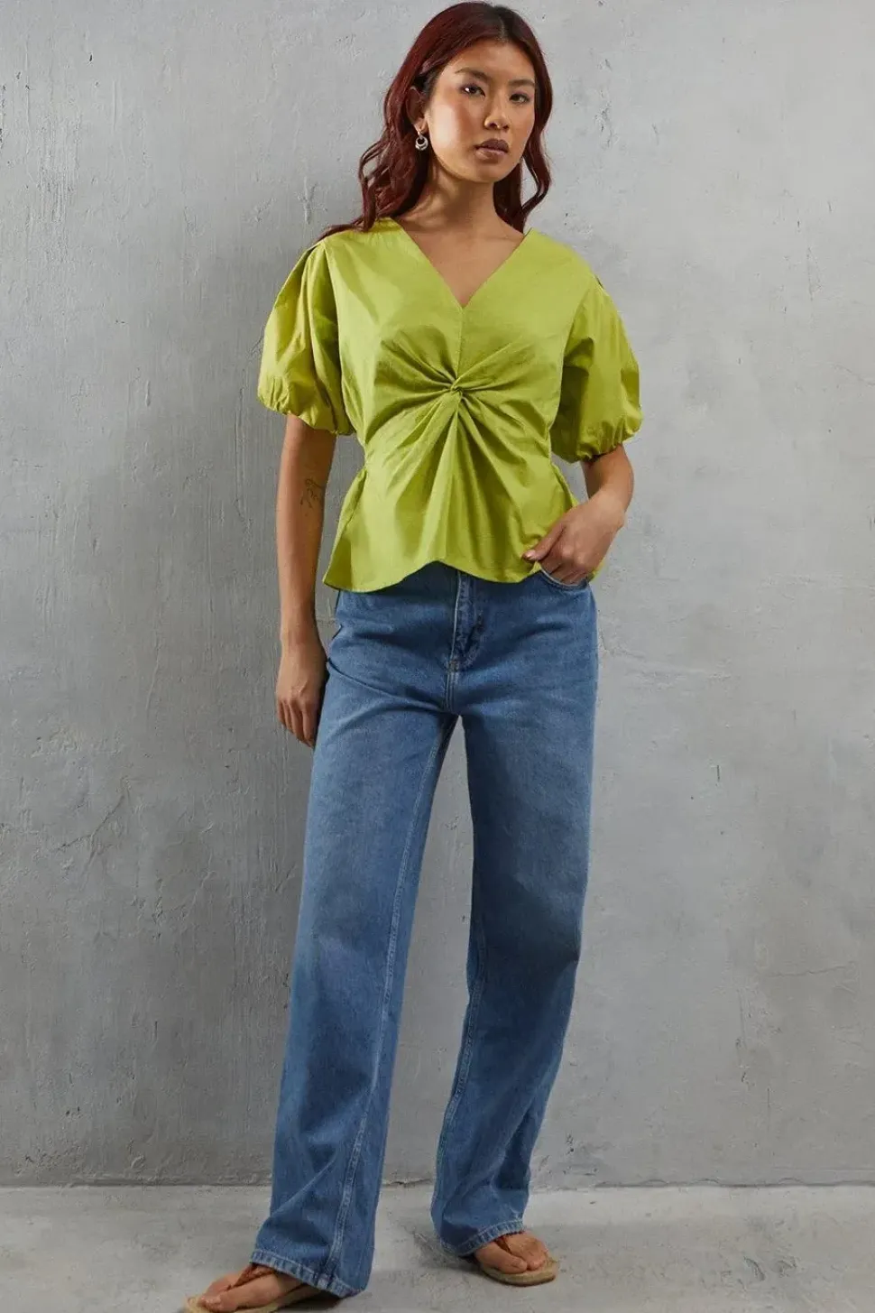 Poplin Twist Front Volume Sleeve Blouse