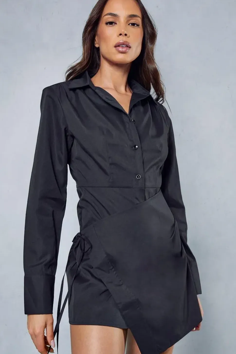Poplin Wrap Skirt Shoulder Pad Long Sleeve Mini Shirt Dress