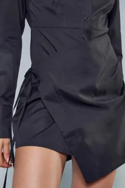 Poplin Wrap Skirt Shoulder Pad Long Sleeve Mini Shirt Dress