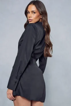 Poplin Wrap Skirt Shoulder Pad Long Sleeve Mini Shirt Dress
