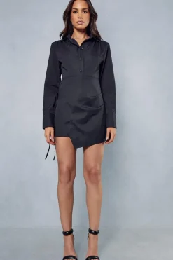 Poplin Wrap Skirt Shoulder Pad Long Sleeve Mini Shirt Dress