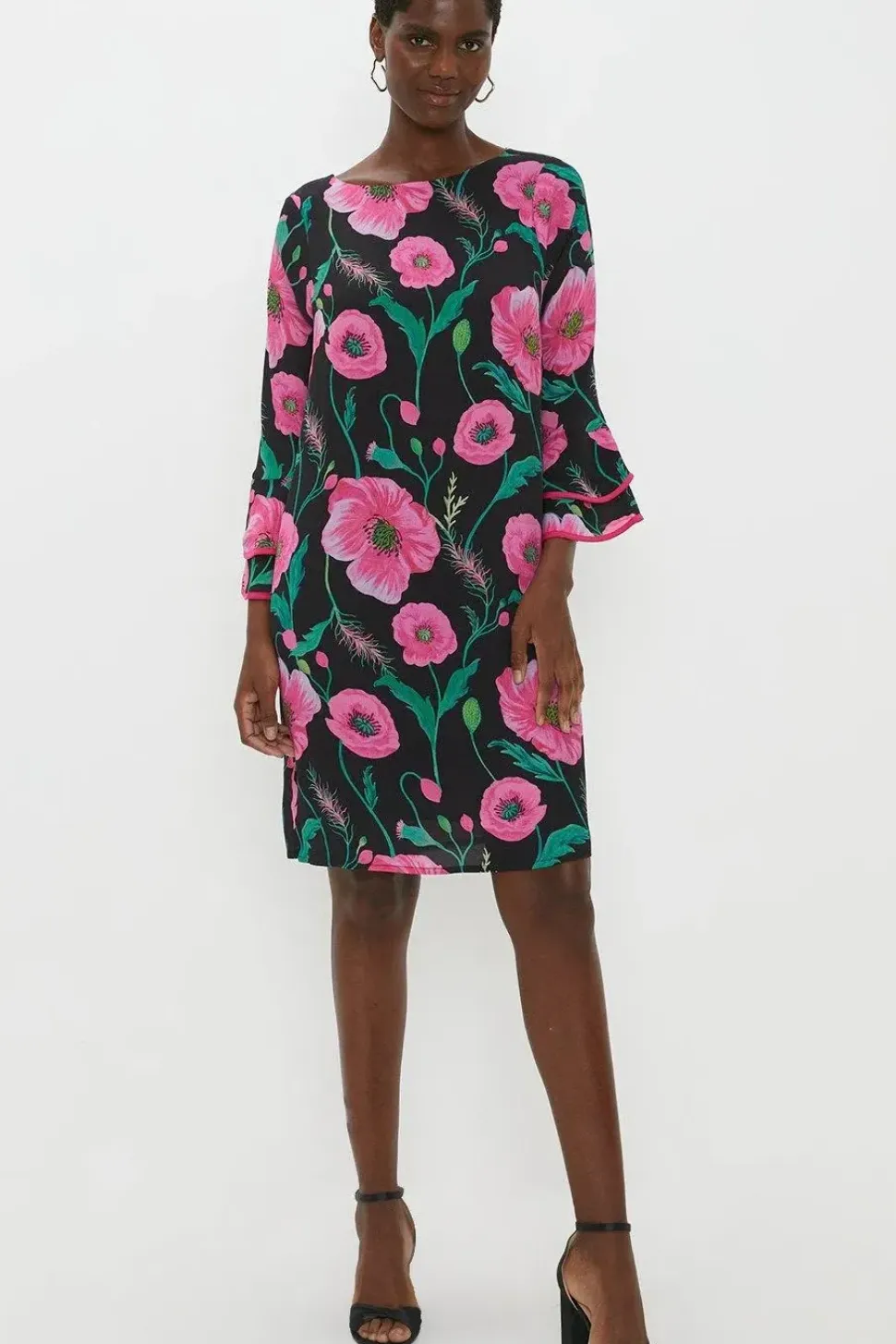 Poppy Print Ruffle Sleeve Shift Dress