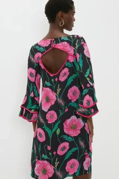 Poppy Print Ruffle Sleeve Shift Dress
