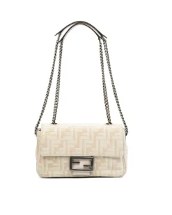 Preloved Embossed Leather Chain Shoulder Bag with Flap Closure