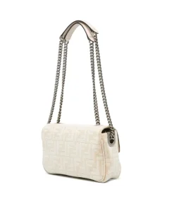Preloved Embossed Leather Chain Shoulder Bag with Flap Closure