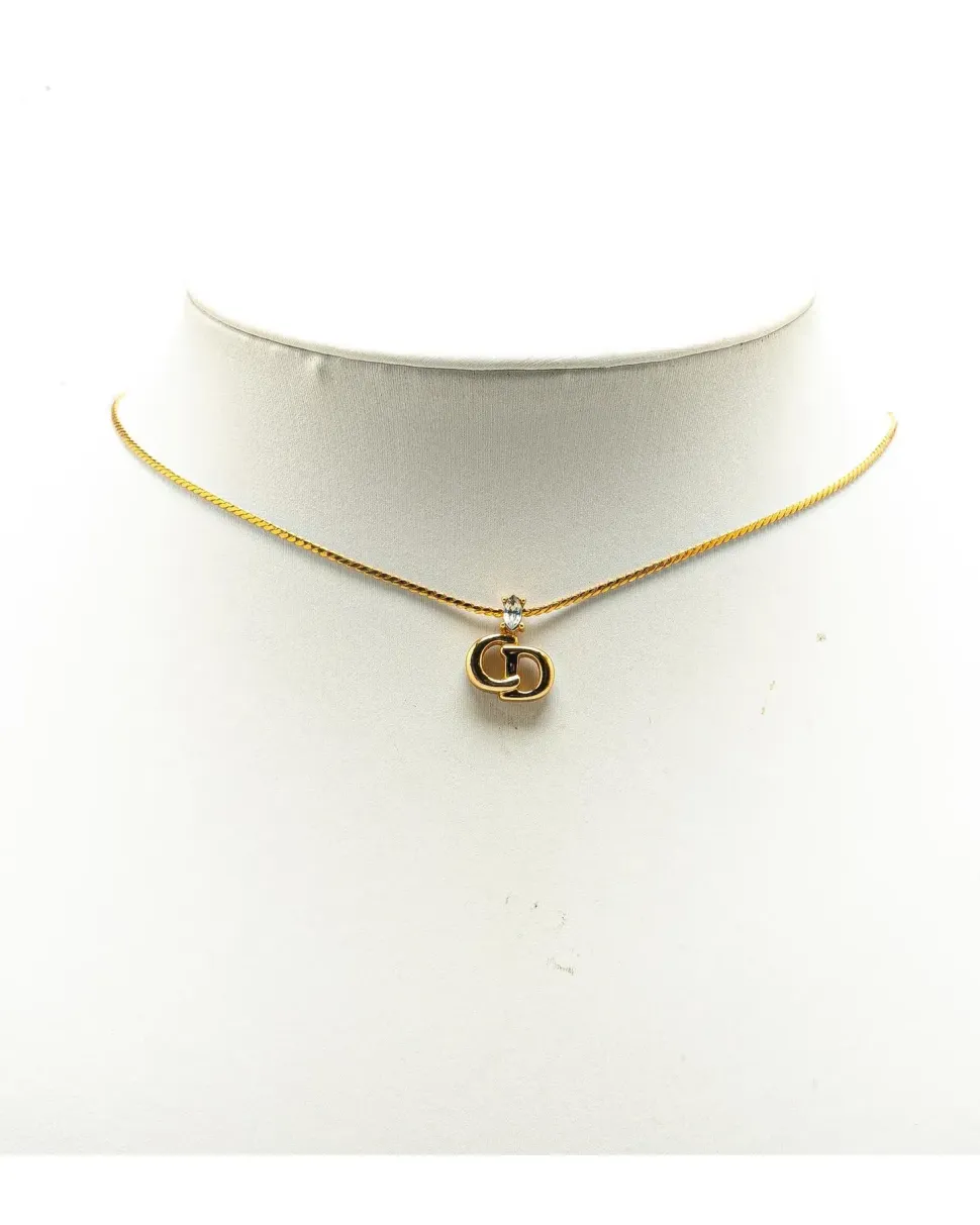 Preloved Gold Plated Rhinestone Pendant Necklace with Chain and Spring