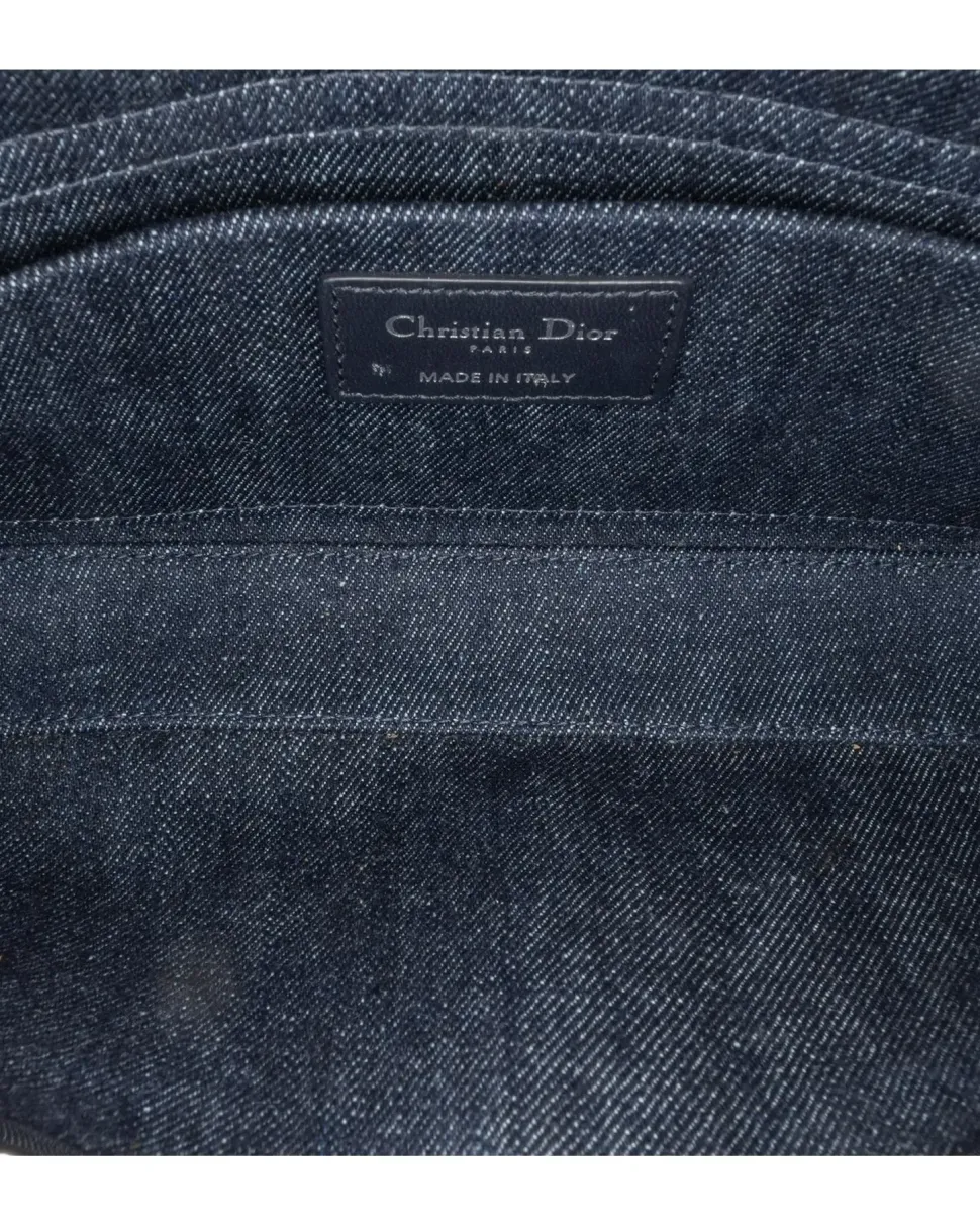 Preloved Small Cotton Shoulder Bag with Leather Trim