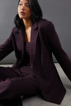 Premium Asymmetric Pinstripe Fitted Waist Blazer