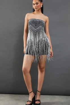 Premium Bead Fringe Embellished Sequin Bandeau Mini Dress