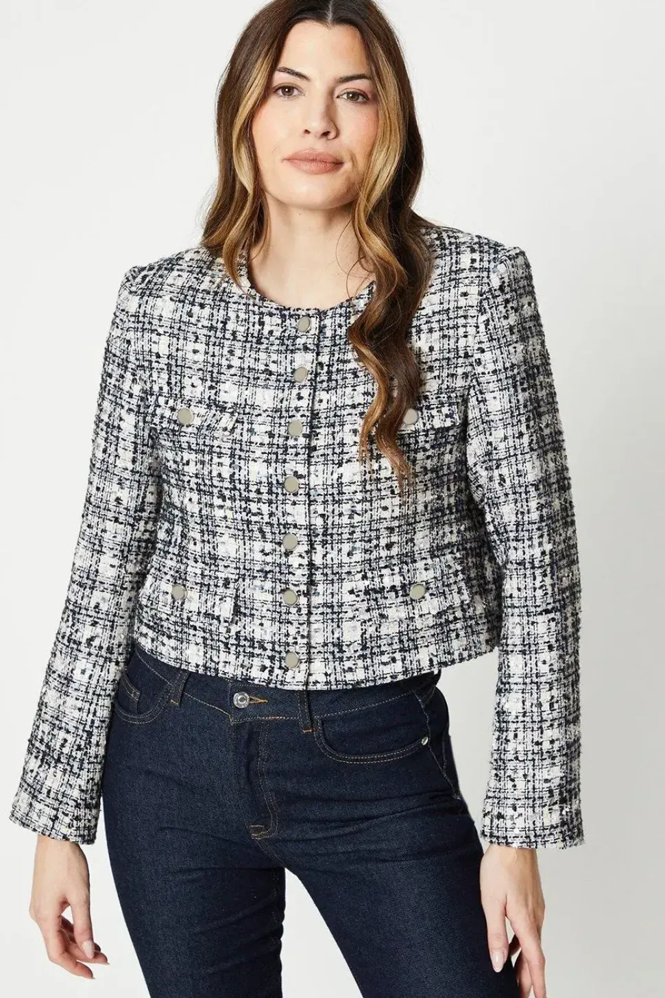 Premium Boucle Button Through Collarless Jacket