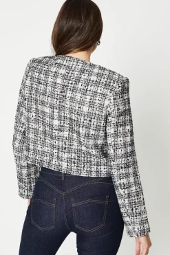 Premium Boucle Button Through Collarless Jacket