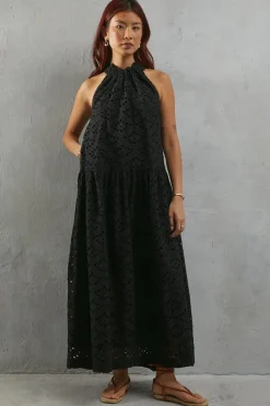 Premium Broderie Halter Drop Hem Midaxi Dress
