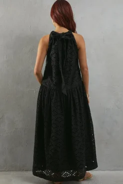 Premium Broderie Halter Drop Hem Midaxi Dress