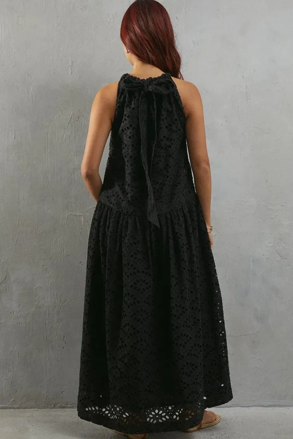 Premium Broderie Halter Drop Hem Midaxi Dress