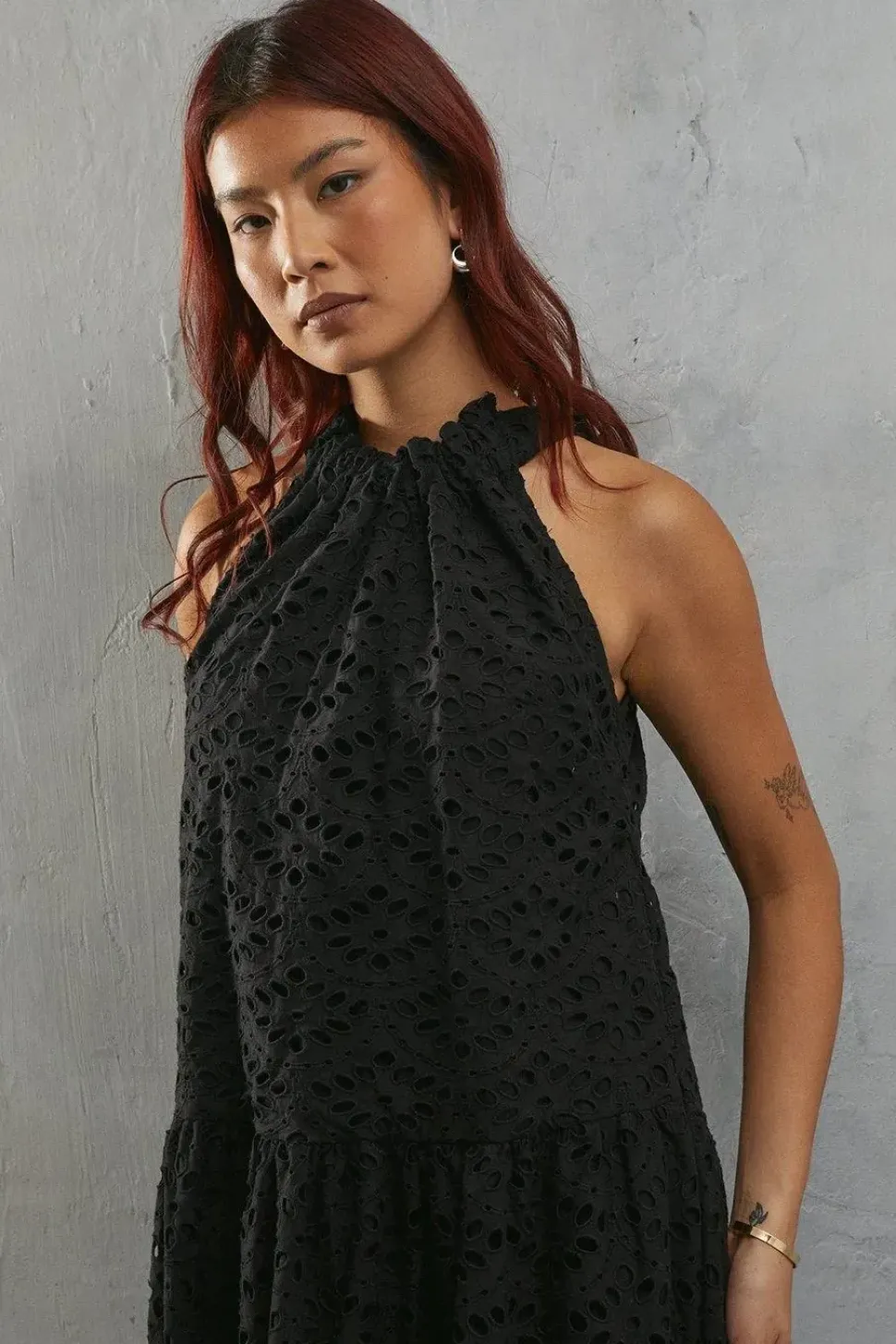 Premium Broderie Halter Drop Hem Midaxi Dress