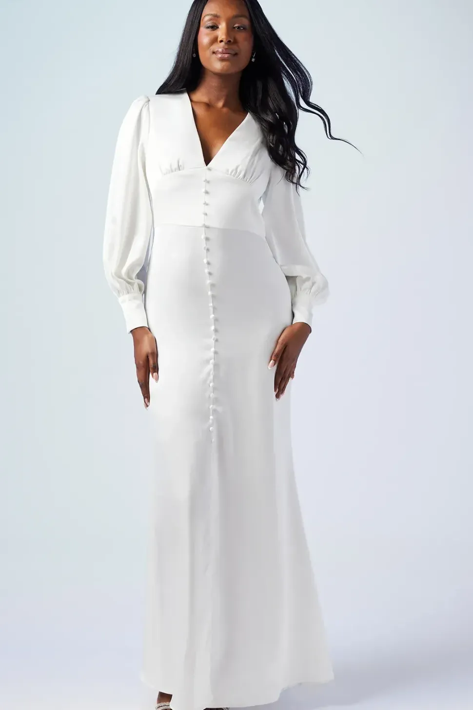 Premium Button Front Blouson Sleeve Satin Wedding Dress