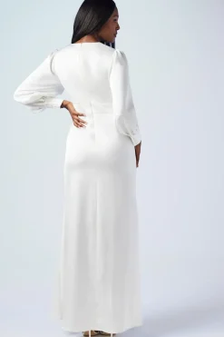 Premium Button Front Blouson Sleeve Satin Wedding Dress