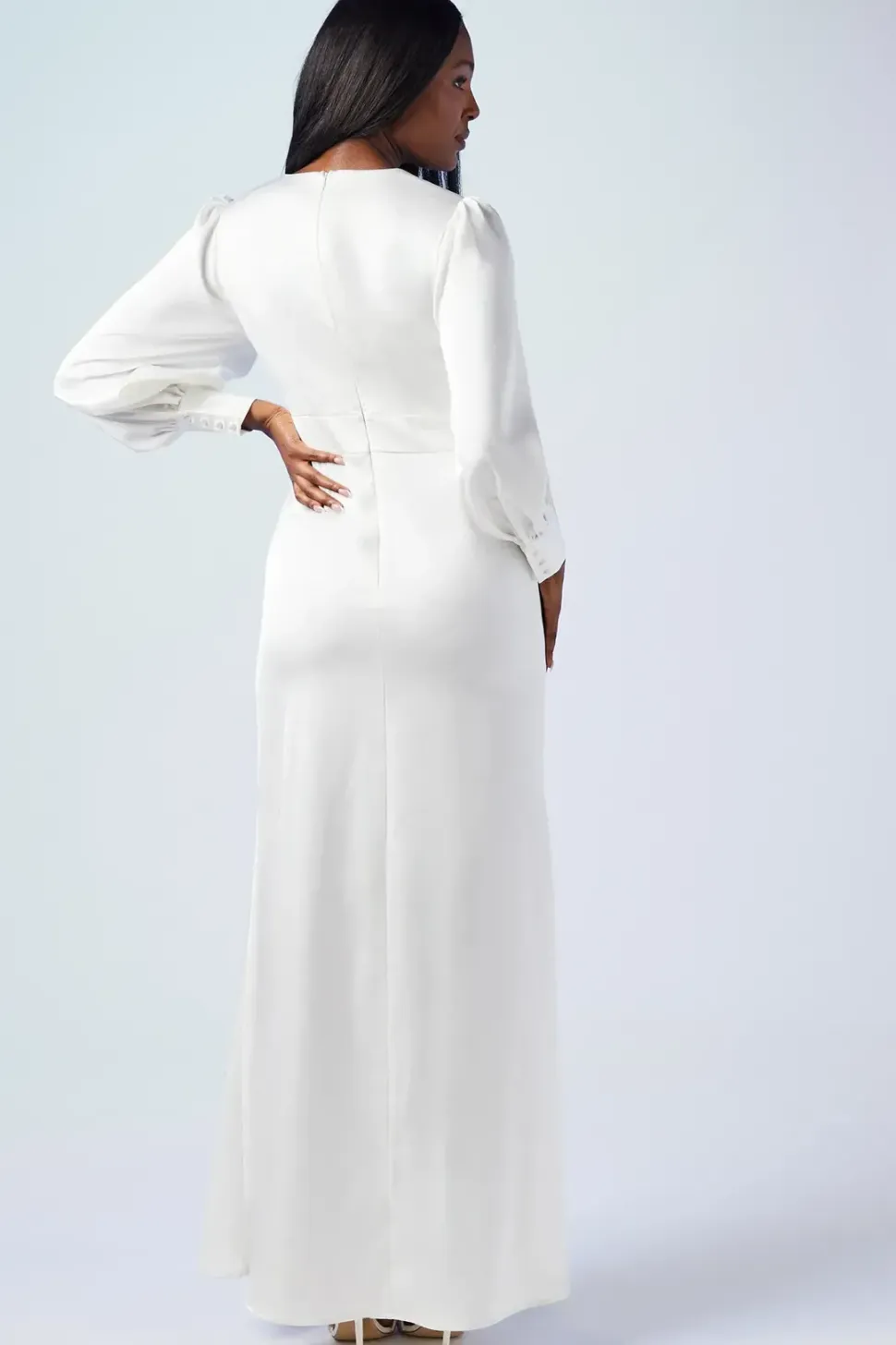 Premium Button Front Blouson Sleeve Satin Wedding Dress