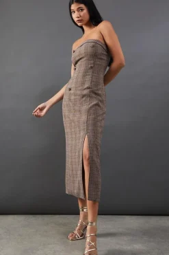 Premium Check Bandeau Double Breasted Midi Dress