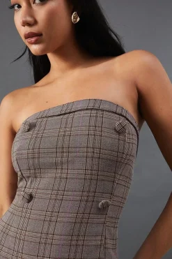 Premium Check Bandeau Double Breasted Midi Dress